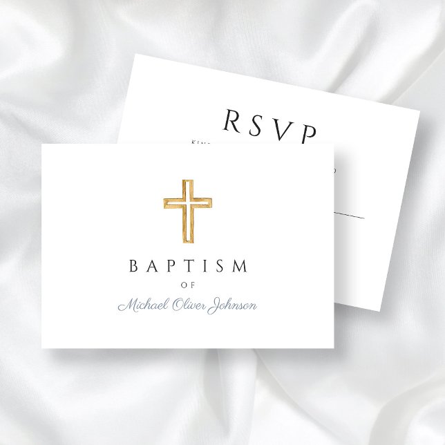 Elegant Dusty Blue Religious Cross Boy Baptism  RSVP Card (Elegant Dusty Blue Religious Cross Boy Baptism RSVP Card)