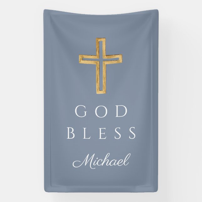 Elegant Dusty Blue Religious Cross Boy God Bless Banner (Vertical)