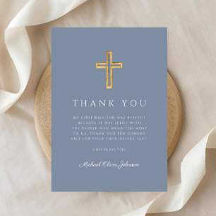 Elegant Dusty Blue Religious Cross Confirmation Thank You Card