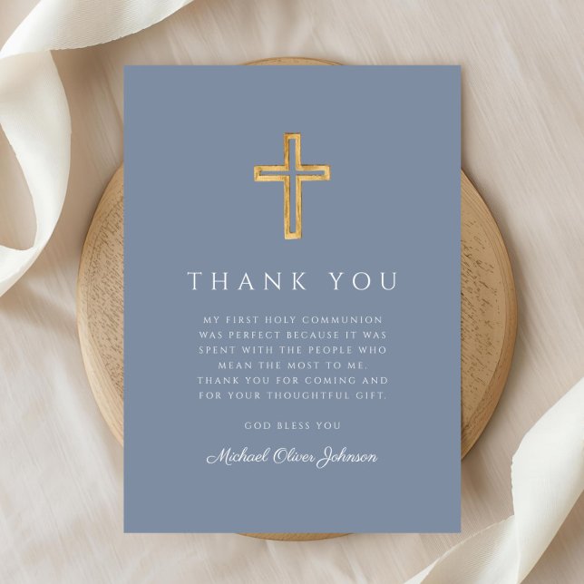 Elegant Dusty Blue Religious Cross First Communion Thank You Card (Elegant Dusty Blue Religious Cross First Communion Thank You Card)