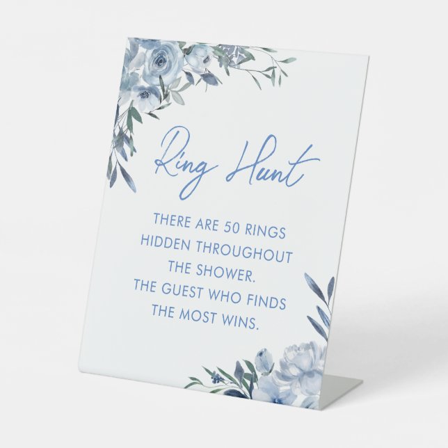 Elegant Dusty Blue Ring Hunt Bridal Shower Game Pedestal Sign (Front)
