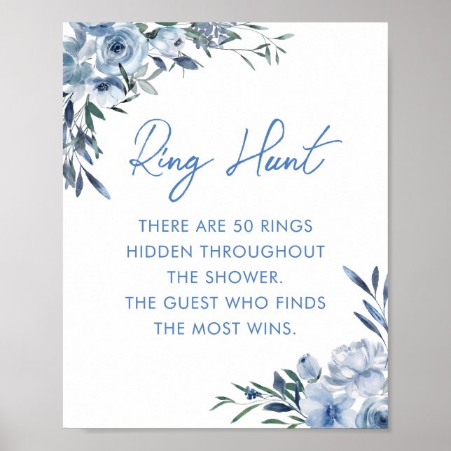 Elegant Dusty Blue Ring Hunt Bridal Shower Game Poster (Front)