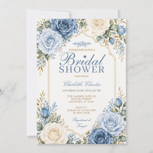 Elegant Dusty Blue Rose Floral Boho Bridal Shower Invitation