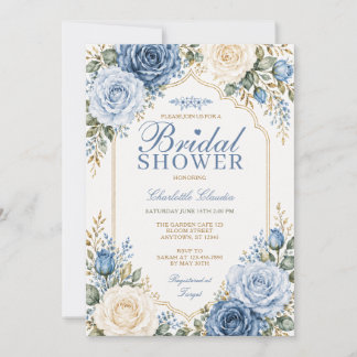 Elegant Dusty Blue Rose Floral Boho Bridal Shower Invitation