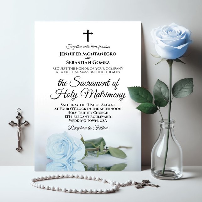Elegant Dusty Blue Rose Modern Catholic Wedding Invitation (Creator Uploaded)
