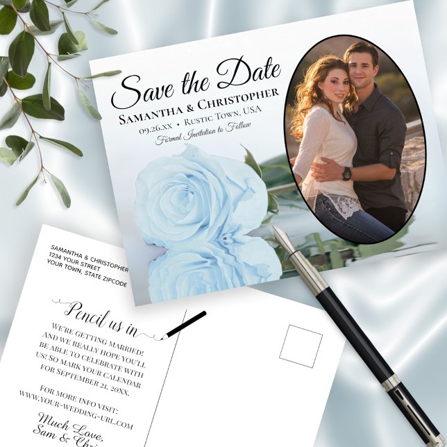 Elegant Dusty Blue Rose Oval Photo Save The Date Announcement Postcard (Creator Uploaded)