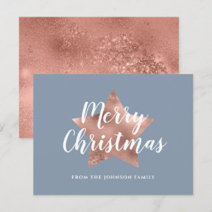 Elegant Dusty Blue Rose Rose Gold Star Christmas Postcard