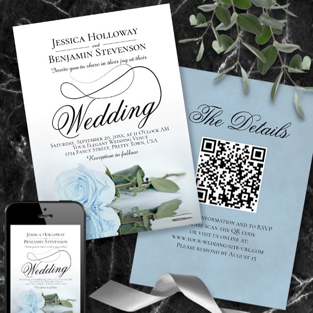Elegant Dusty Blue Rose Script QR Code Wedding Invitation (Creator Uploaded)