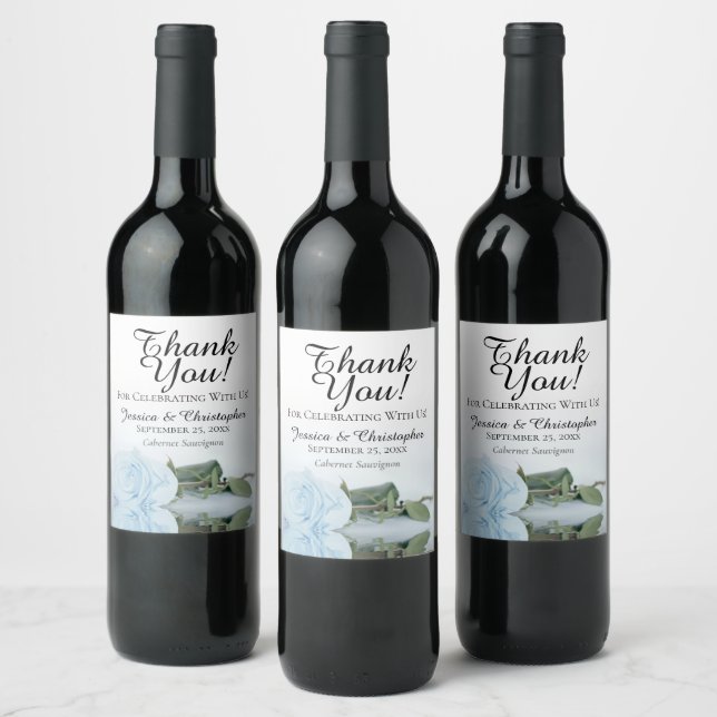 Elegant Dusty Blue Rose Wedding Thank You Wine Label (Bottles)