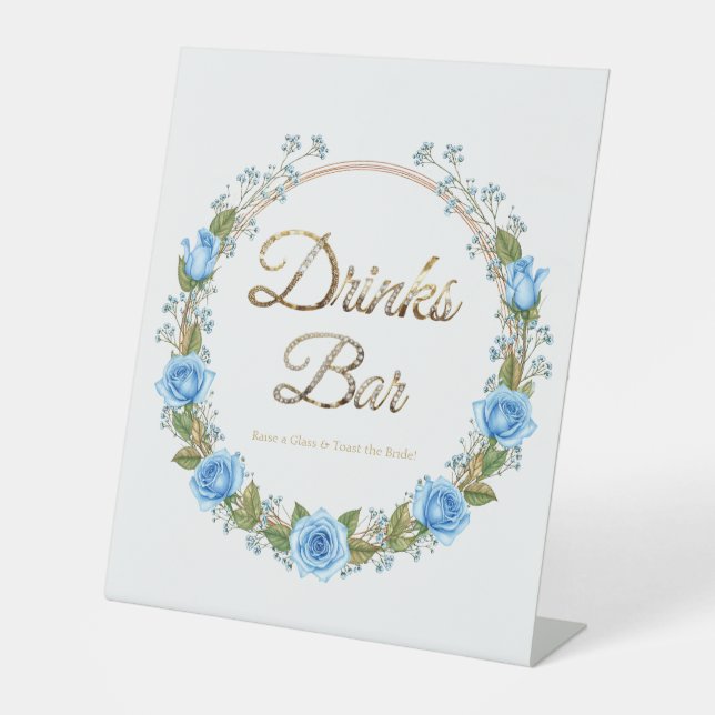 Elegant Dusty Blue Roses Baby’s Breathe Drinks Bar Pedestal Sign (Front)