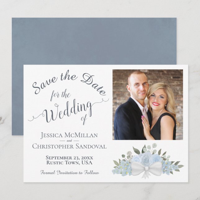 Elegant Dusty Blue Roses Calligraphy Photo Wedding Save The Date (Front/Back)