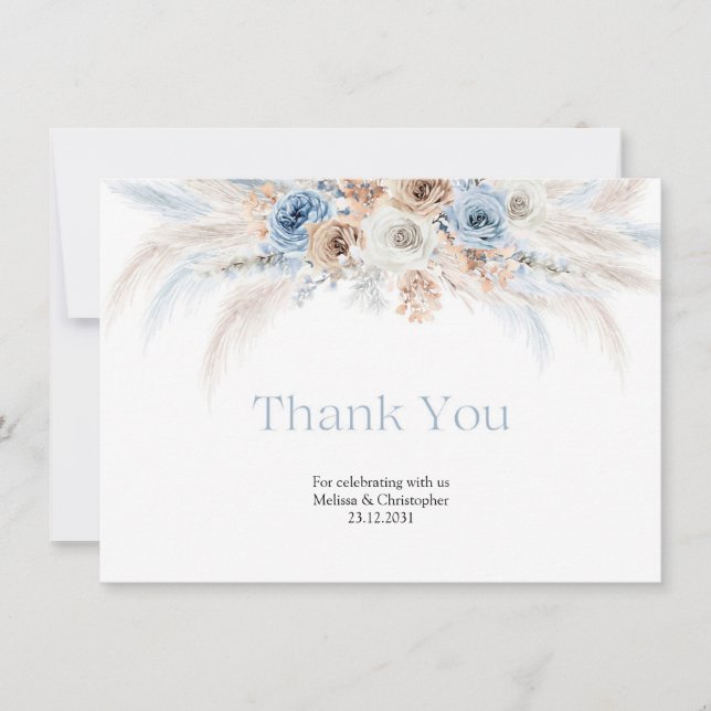 Elegant dusty blue roses dried flowers arch thank you card (Front)