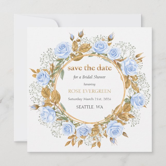 Elegant Dusty Blue Roses Save the Date (Front)