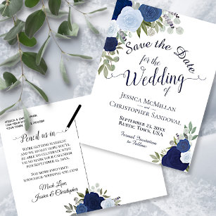 Elegant Dusty Blue Roses Wedding Save the Date Announcement Postcard