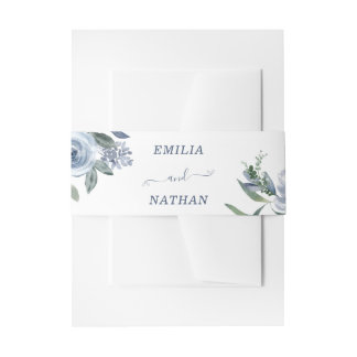 Elegant Dusty Blue Roses with Greenery Invitation Belly Band