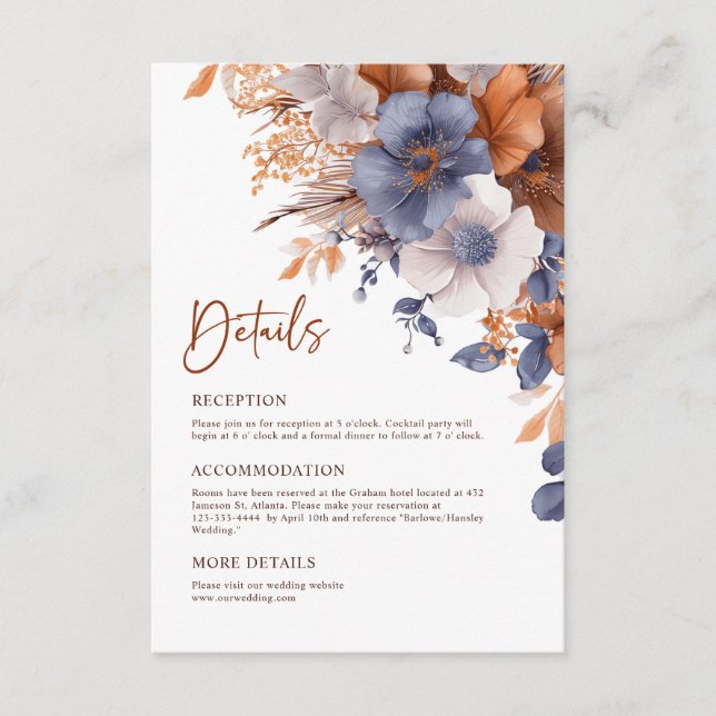 Elegant Dusty Blue Rust Terracotta Wedding Details Enclosure Card (Front)