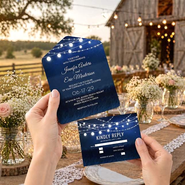 Elegant Dusty Blue Rustic String Lights Wedding All In One Invitation (Creator Uploaded)