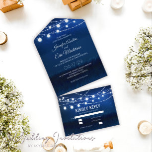 Elegant Dusty Blue Rustic String Lights Wedding All In One Invitation