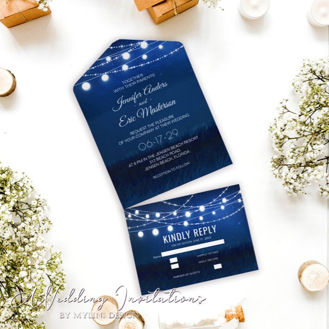 Elegant Dusty Blue Rustic String Lights Wedding All In One Invitation (Creator Uploaded)