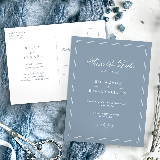 Elegant Dusty Blue Save The Date Postcard (Creator Uploaded)