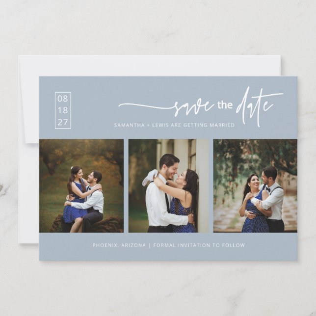 Elegant Dusty Blue Save the Date QR Code Photo Invitation (Front)