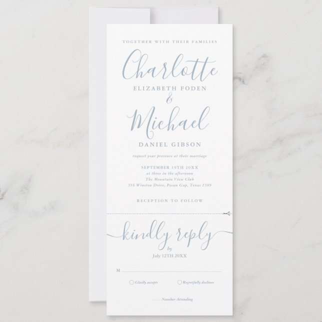 Elegant Dusty Blue Script All In One Wedding Invitation (Front)