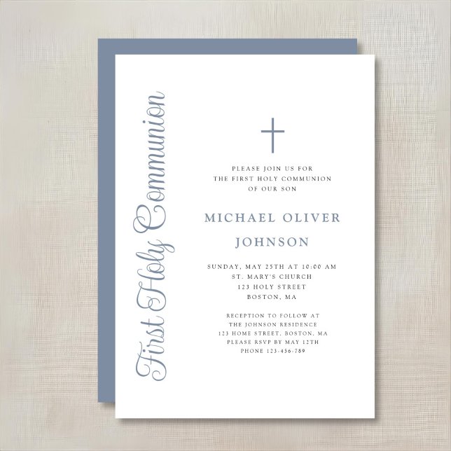 Elegant Dusty Blue Script Boy First Communion Invitation (Creator Uploaded)