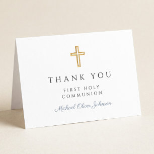 Elegant Dusty Blue Script Boy First Communion Thank You Card
