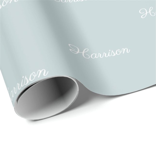 Elegant dusty blue script custom name birthday wrapping paper (Roll Corner)