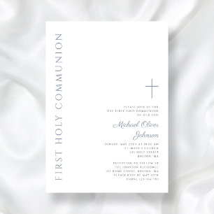 Elegant Dusty Blue Script First Holy Communion Invitation