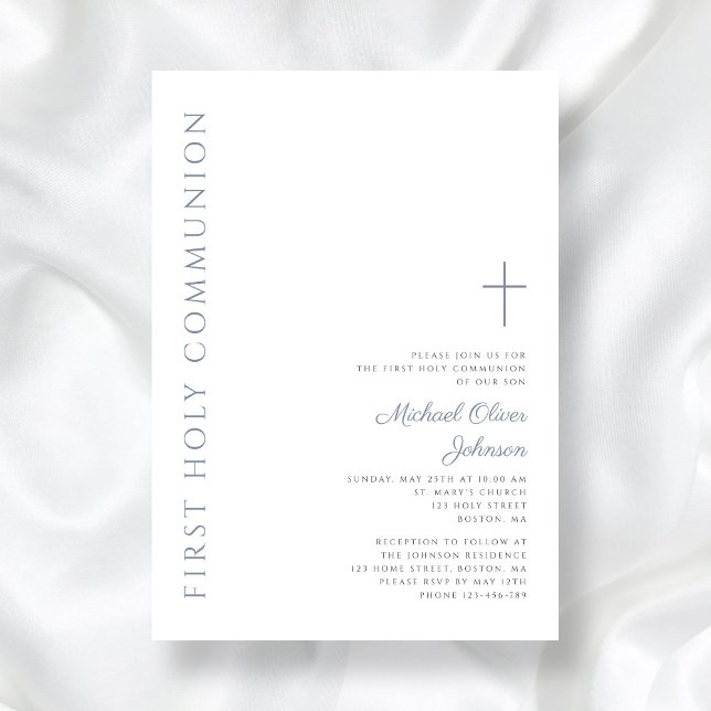 Elegant Dusty Blue Script First Holy Communion Invitation (Elegant Dusty Blue Script First Holy Communion Invitation)