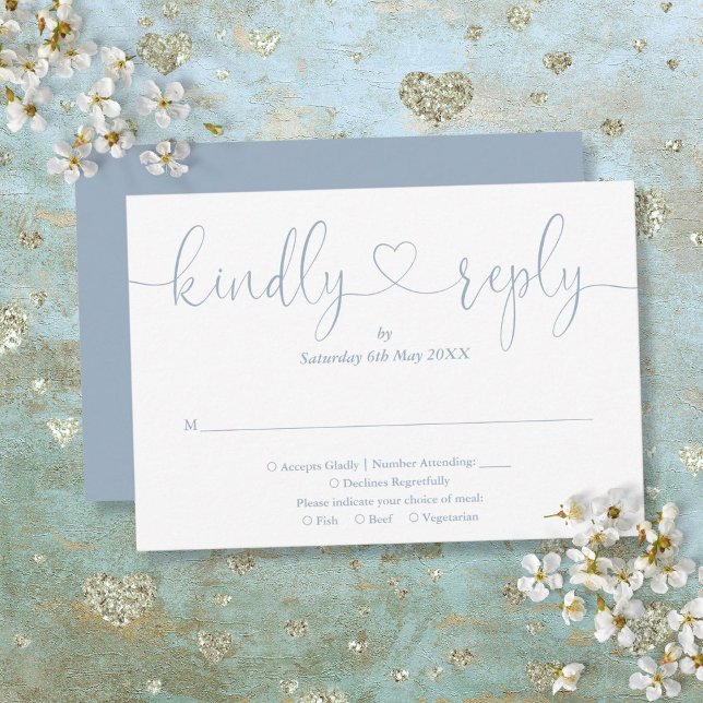 Elegant Dusty Blue Script Heart Kindly Reply RSVP Card (Elegant Dusty Blue Script Heart Kindly Reply RSVP Card)
