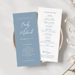 Elegant Dusty Blue Script Minimal Wedding Program Invitation<br><div class="desc">Our elegant slim wedding program card is perfect for your minimalist wedding celebration. A beautiful white calligraphy script font paired with simple and clean text sits on a soft blue background to the front of the card. The white reverse has tonal blue text, creating an elevated look to complement your...</div>