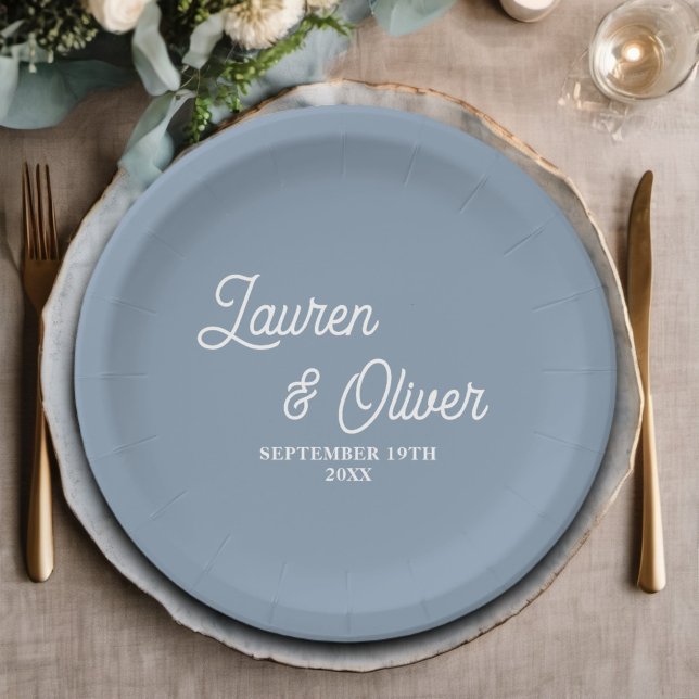 Elegant Dusty Blue Script Minimalist Wedding Paper Plate (Creator Uploaded)