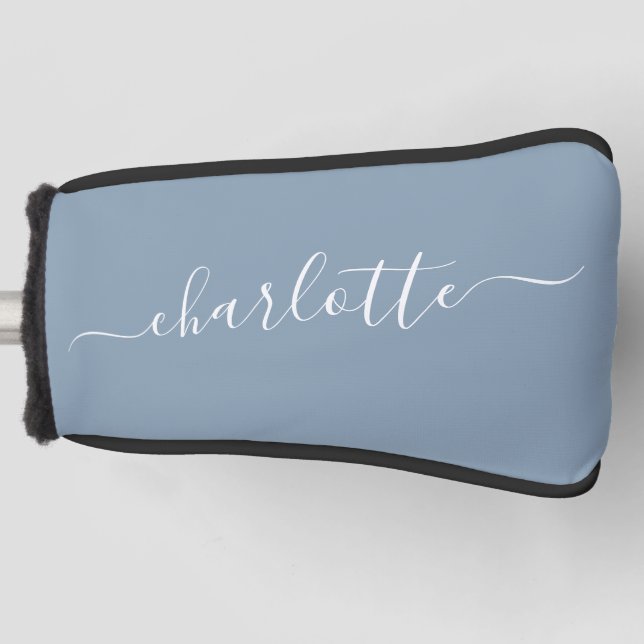 Elegant Dusty Blue Script Modern Name Personalised Golf Head Cover (Front)