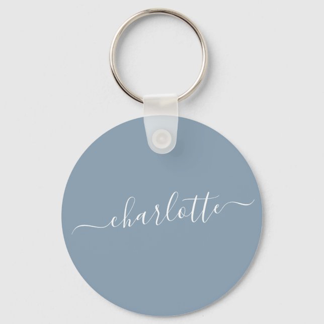 Elegant Dusty Blue Script Modern Name Personalised Key Ring (Front)