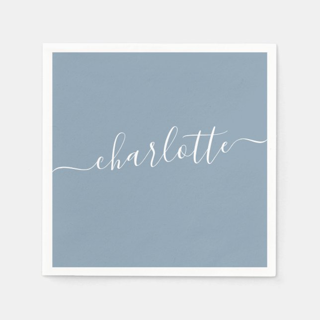 Elegant Dusty Blue Script Modern Name Personalised Napkin (Front)