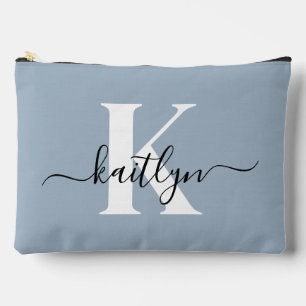 Elegant Dusty Blue Script Monogram Accessory Pouch