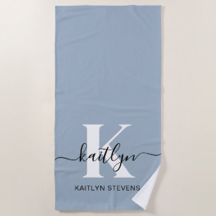 Elegant Dusty Blue Script Monogram Beach Towel