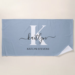Elegant Dusty Blue Script Monogram Beach Towel