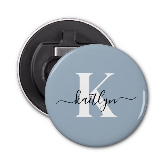 Elegant Dusty Blue Script Monogram Bottle Opener (Front)