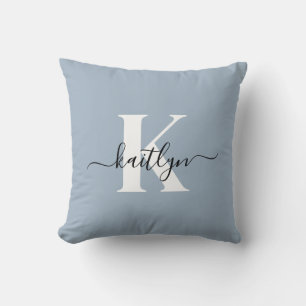 Elegant Dusty Blue Script Monogram Cushion