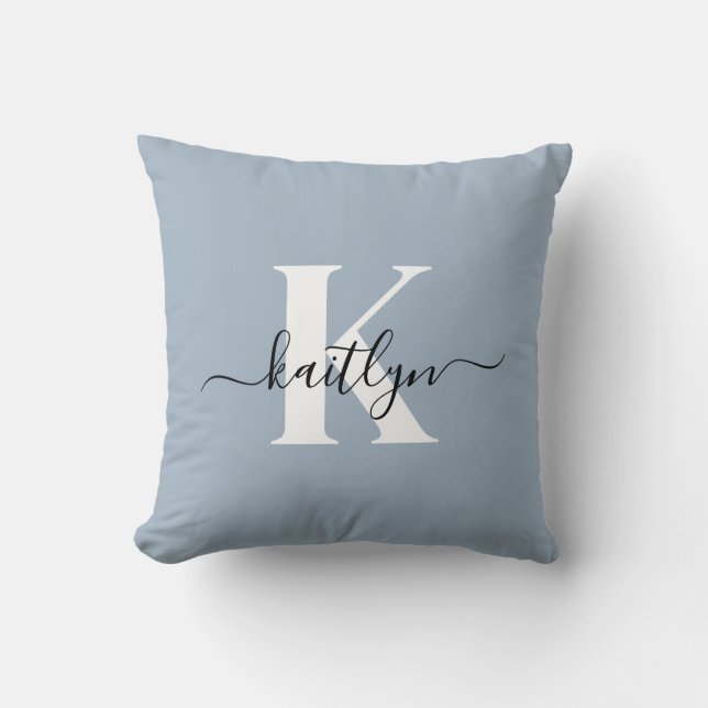 Elegant Dusty Blue Script Monogram Cushion (Front)