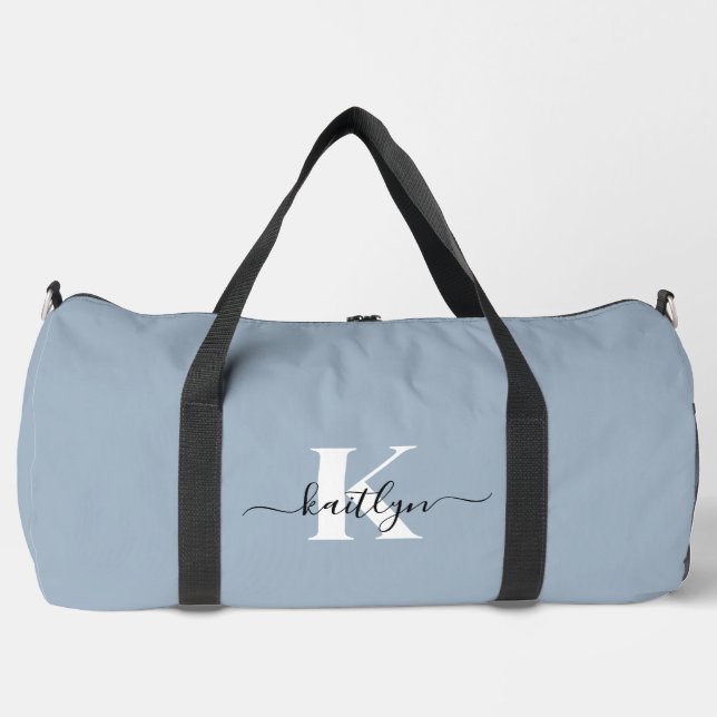 Elegant Dusty Blue Script Monogram Duffle Bag (Front)