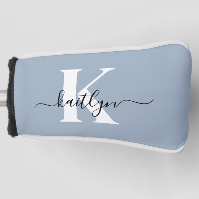 Elegant Dusty Blue Script Monogram Golf Head Cover (Front)