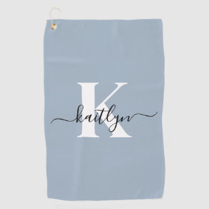 Elegant Dusty Blue Script Monogram Golf Towel