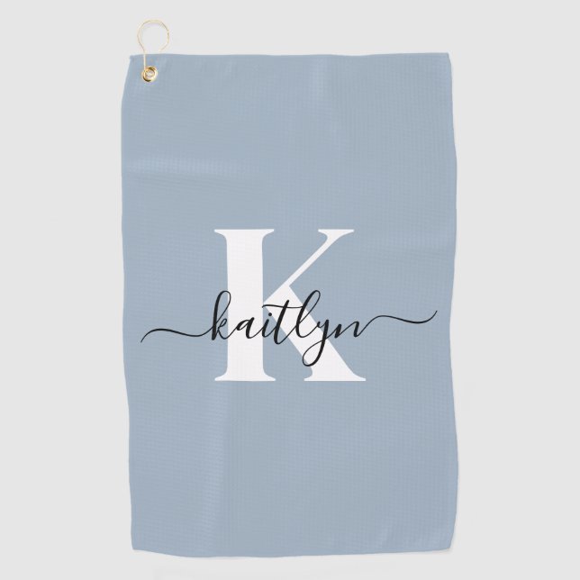 Elegant Dusty Blue Script Monogram Golf Towel (Front)