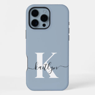 Elegant Dusty Blue Script Monogram iPhone 16 Pro Max Case
