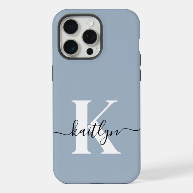 Elegant Dusty Blue Script Monogram iPhone Case (Back)