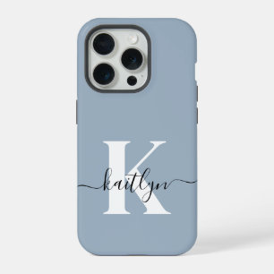 Elegant Dusty Blue Script Monogram iPhone 15 Pro Case